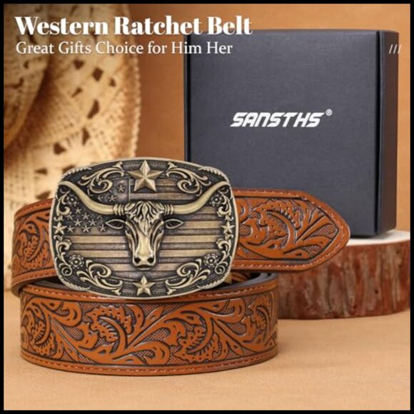 Leather Cowboy Ratchet Belt with Automatic Western Buckle main image 7